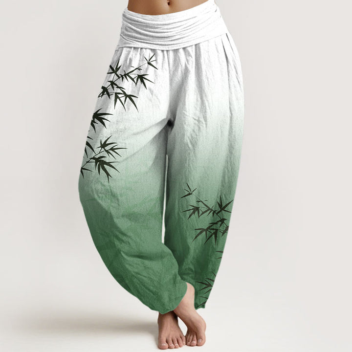 Buddha Stones Casual Bamboo Leaves Gradient Pattern Pure Cotton Women's Elastic Waist Harem Pants - MediumSeaGreen - US16，UK/AU20，EU48 (3XL) - image 0