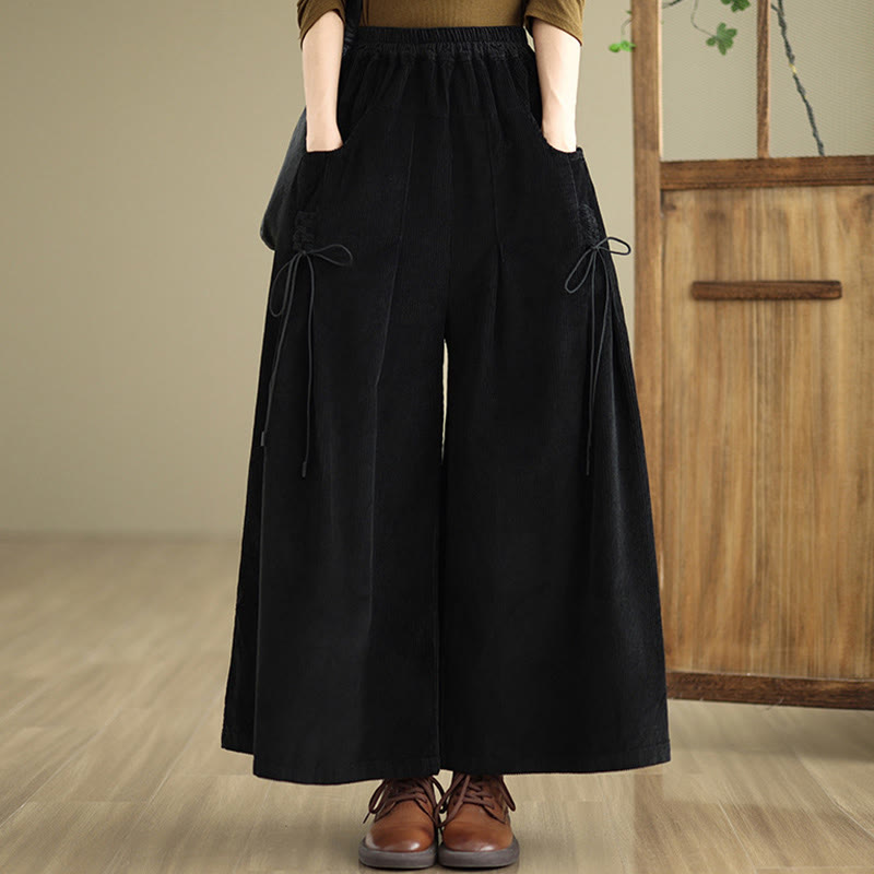 Buddha Stones Women's Pure Color Drawstring Design Wide Leg Corduroy Pants With Pockets - image 12