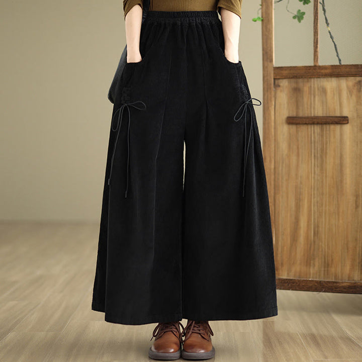 Buddha Stones Women's Pure Color Drawstring Design Wide Leg Corduroy Pants With Pockets - image 12