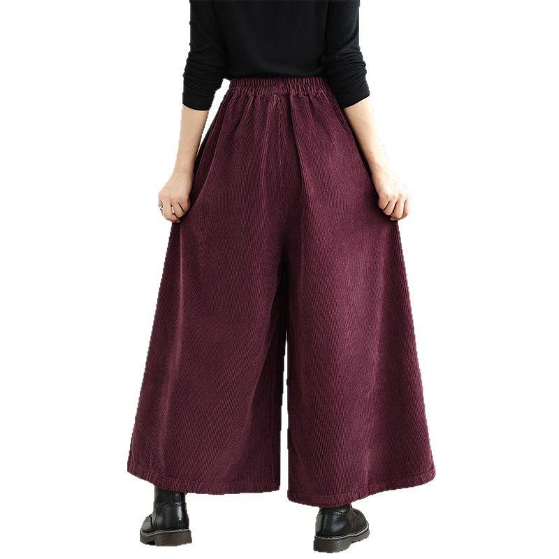Buddha Stones Women's Pure Color Drawstring Design Wide Leg Corduroy Pants With Pockets - image 9