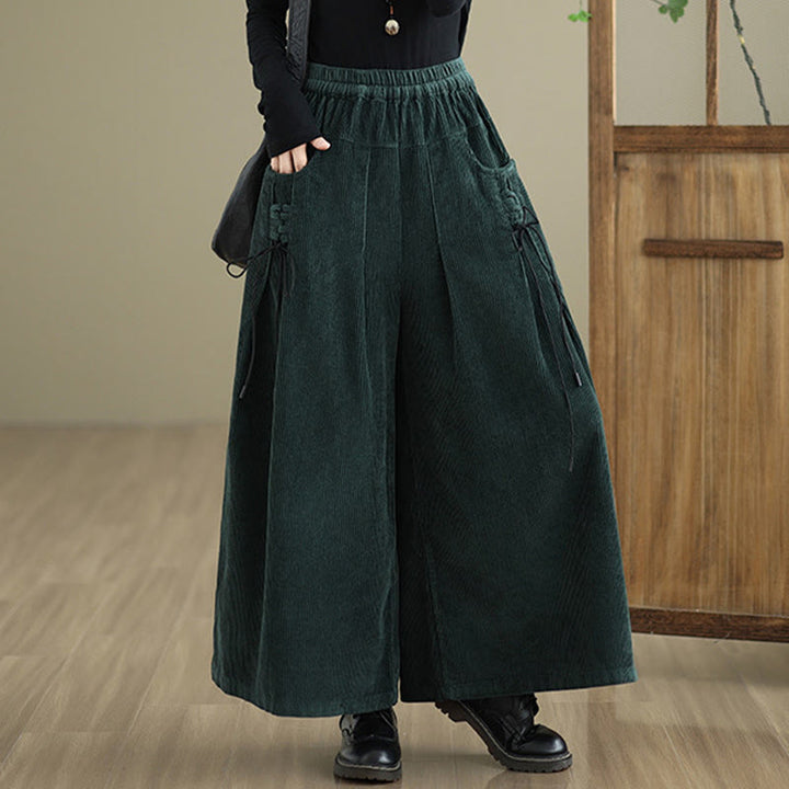 Buddha Stones Women's Pure Color Drawstring Design Wide Leg Corduroy Pants With Pockets - image 27
