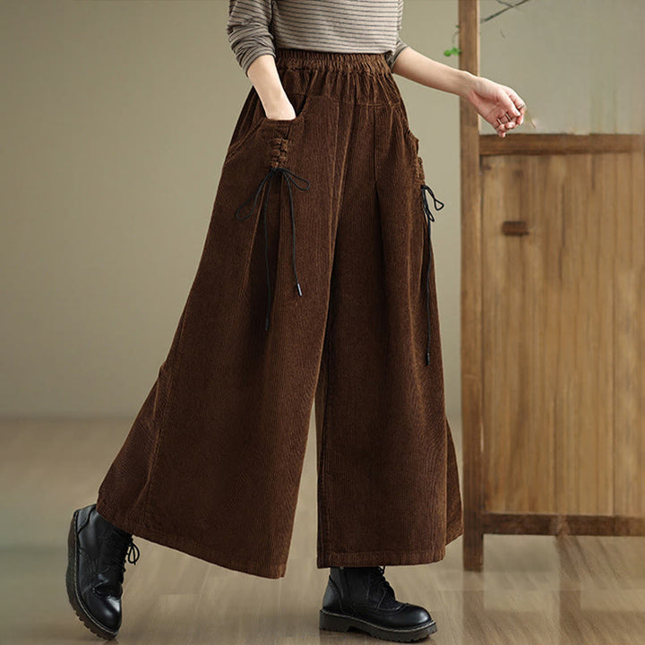 Buddha Stones Women's Pure Color Drawstring Design Wide Leg Corduroy Pants With Pockets - image 21