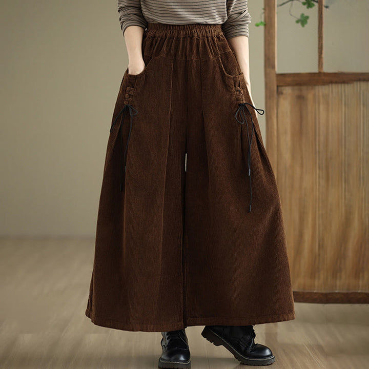 Buddha Stones Women's Pure Color Drawstring Design Wide Leg Corduroy Pants With Pockets - image 20