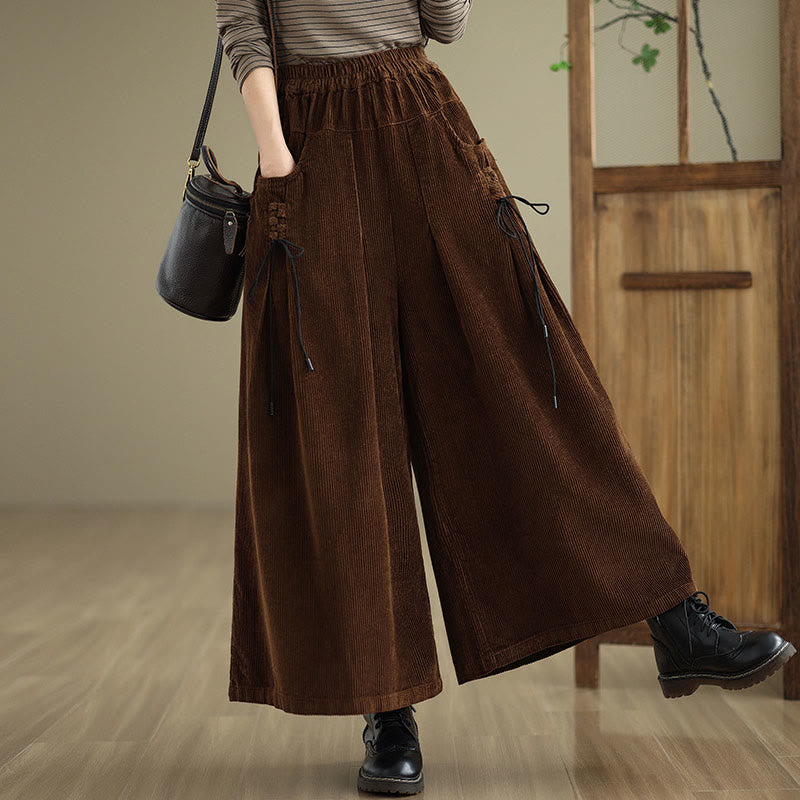 Buddha Stones Women's Pure Color Drawstring Design Wide Leg Corduroy Pants With Pockets - image 18