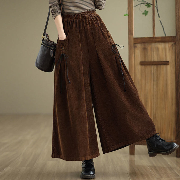 Buddha Stones Women's Pure Color Drawstring Design Wide Leg Corduroy Pants With Pockets - image 18