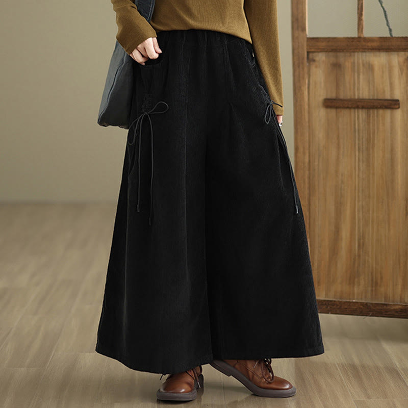 Buddha Stones Women's Pure Color Drawstring Design Wide Leg Corduroy Pants With Pockets - image 13