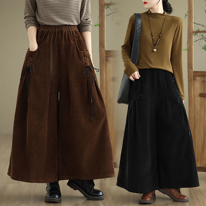 Buddha Stones Women's Pure Color Drawstring Design Wide Leg Corduroy Pants With Pockets - image 32