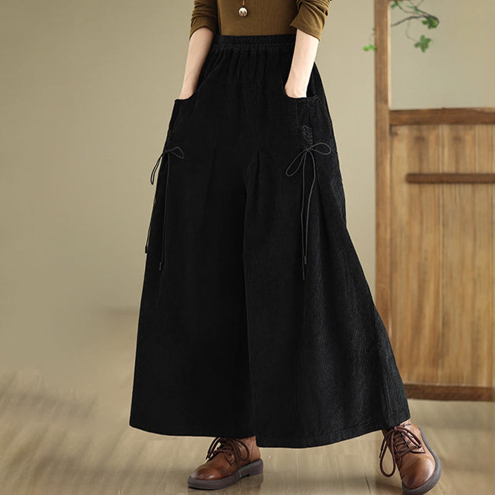 Buddha Stones Women's Pure Color Drawstring Design Wide Leg Corduroy Pants With Pockets - image 11