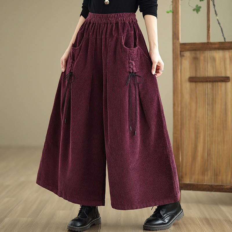 Buddha Stones Women's Pure Color Drawstring Design Wide Leg Corduroy Pants With Pockets - image 1