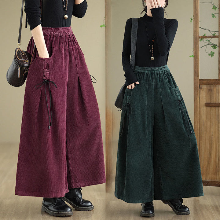 Buddha Stones Women's Pure Color Drawstring Design Wide Leg Corduroy Pants With Pockets - image 30