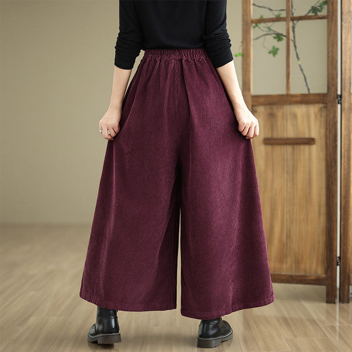 Buddha Stones Women's Pure Color Drawstring Design Wide Leg Corduroy Pants With Pockets - image 3