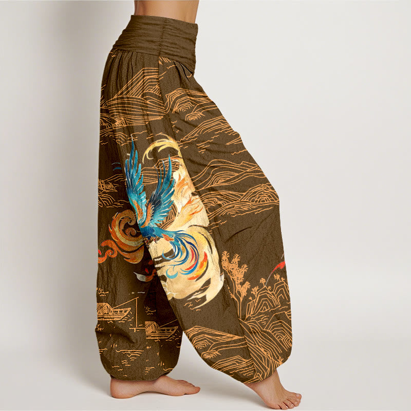 Buddha Stones Phoenix Mountains Landscape Pattern Women's Elastic Waist Harem Pure Cotton Pants - image 7