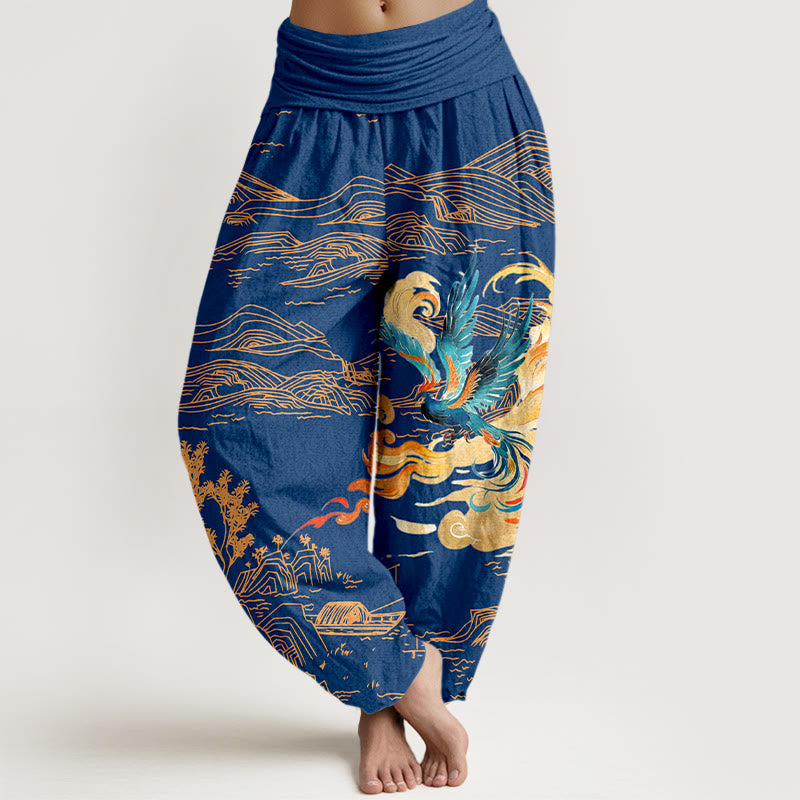 Buddha Stones Phoenix Mountains Landscape Pattern Women's Elastic Waist Harem Pure Cotton Pants - MediumBlue - US16，UK/AU20，EU48 (3XL) - image 8