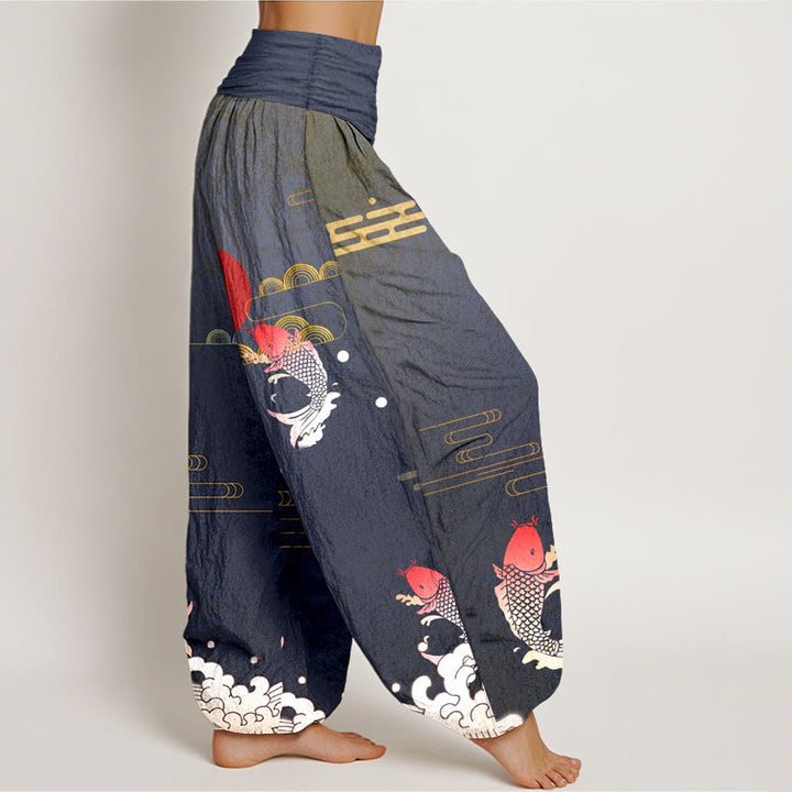 Buddha Stones Koi Fish Red Sun Waves Clouds Pattern Women's Elastic Waist Harem Pure Cotton Pants - image 2