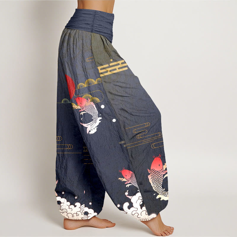 Buddha Stones Koi Fish Red Sun Waves Clouds Pattern Women's Elastic Waist Harem Pure Cotton Pants - image 2