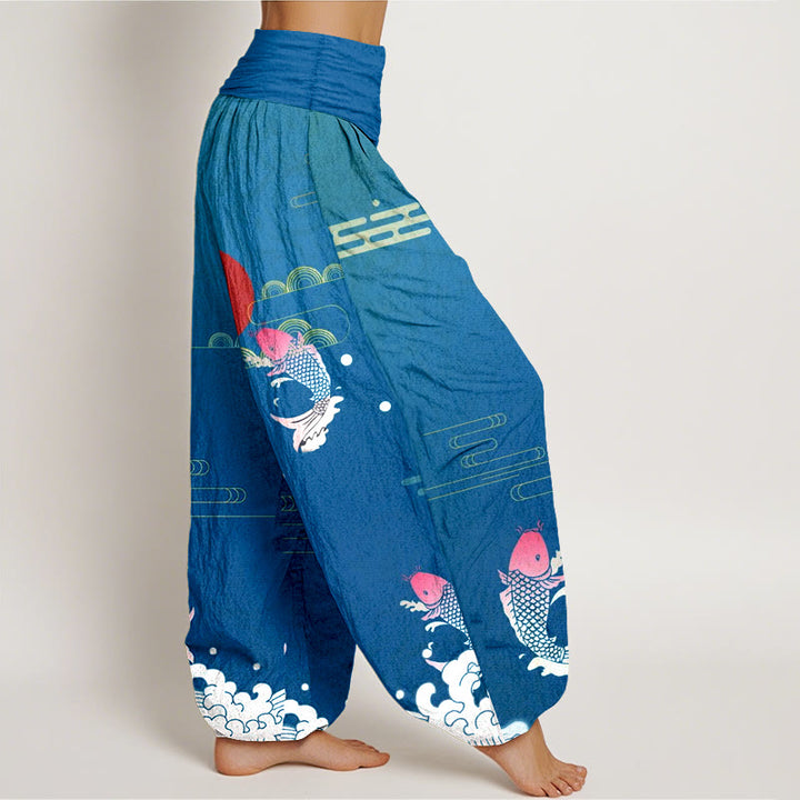 Buddha Stones Koi Fish Red Sun Waves Clouds Pattern Women's Elastic Waist Harem Pure Cotton Pants - image 7