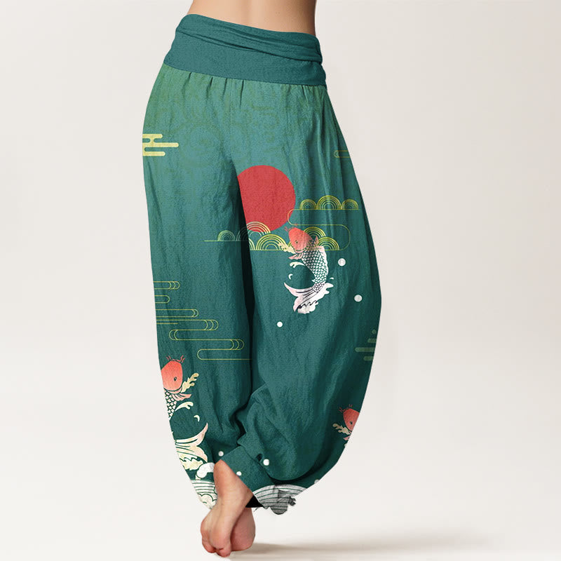 Buddha Stones Koi Fish Red Sun Waves Clouds Pattern Women's Elastic Waist Harem Pure Cotton Pants - image 9