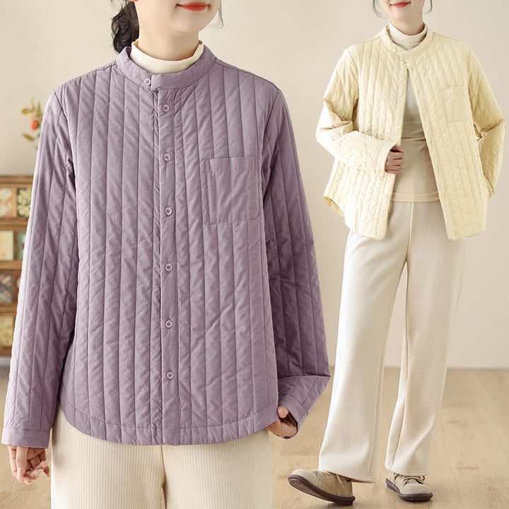 Buddha Stones Women's Stand Collar Simple Design Long Sleeve Thermal Cotton Jacket With Pocket - image 17