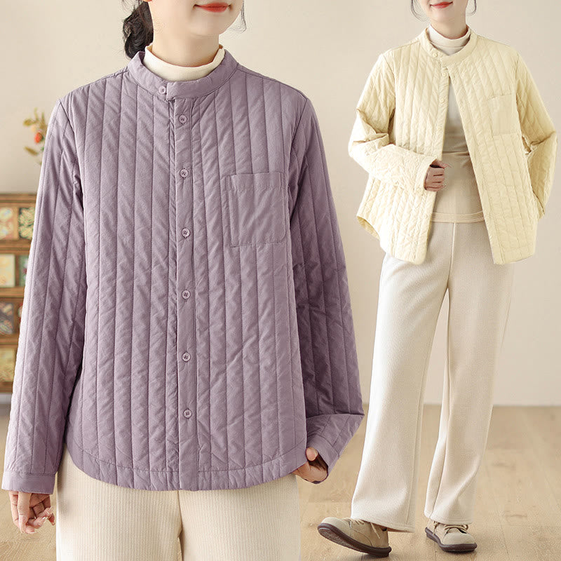 Buddha Stones Women's Stand Collar Simple Design Long Sleeve Thermal Cotton Jacket With Pocket - image 17