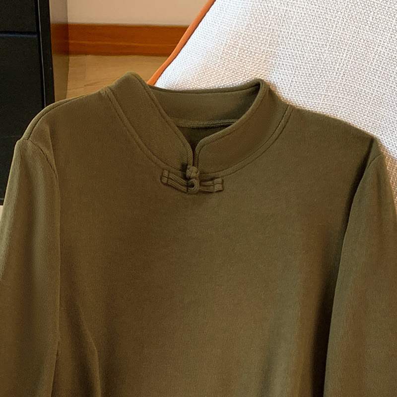 Buddha Stones Spring Solid Color Stand Collar Frog-button Design Women's Cotton Long Sleeve Shirt - image 16