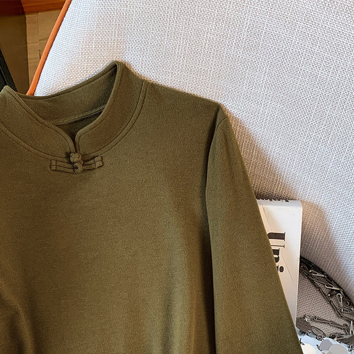 Buddha Stones Spring Solid Color Stand Collar Frog-button Design Women's Cotton Long Sleeve Shirt - image 18