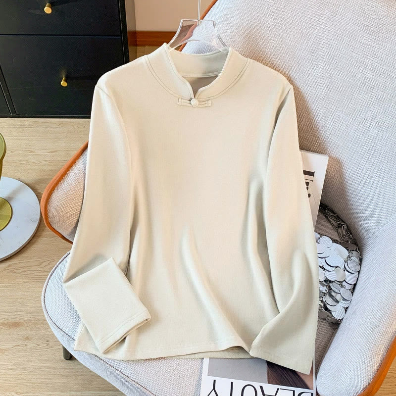 Buddha Stones Spring Solid Color Stand Collar Frog-button Design Women's Cotton Long Sleeve Shirt - image 1