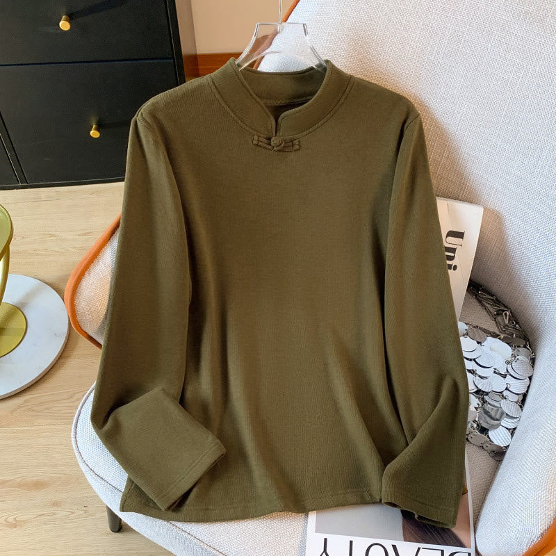 Buddha Stones Spring Solid Color Stand Collar Frog-button Design Women's Cotton Long Sleeve Shirt - Olive - US8-10，UK/AU12-14，EU40-42 (2XL) - image 13
