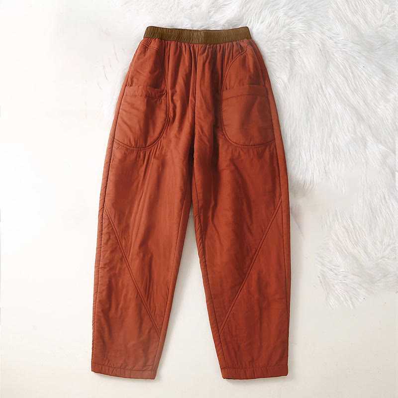 Buddha Stones Women's Winter Plain Elastic Waist Design Thickened Harem Pants With Pockets - OrangeRed - US8-10，UK/AU12-14，EU40-42 (2XL) - image 5
