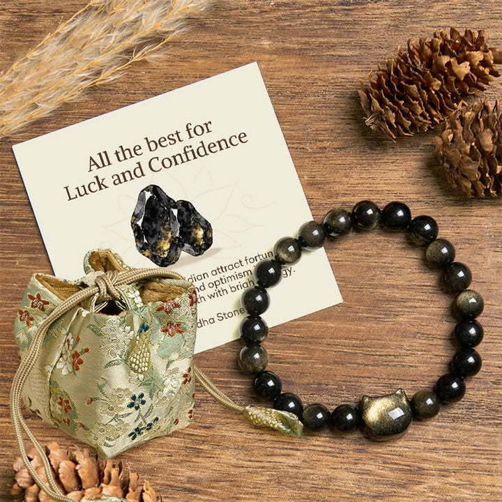 Buddha Stones "All the best for Luck and Confidence" Lovely Cat Bracelet Includes Gift Message Card - Gold Sheen Obsidian Cat Head - 10mm - Deluxe Gift Bag (+$12.59) - image 7