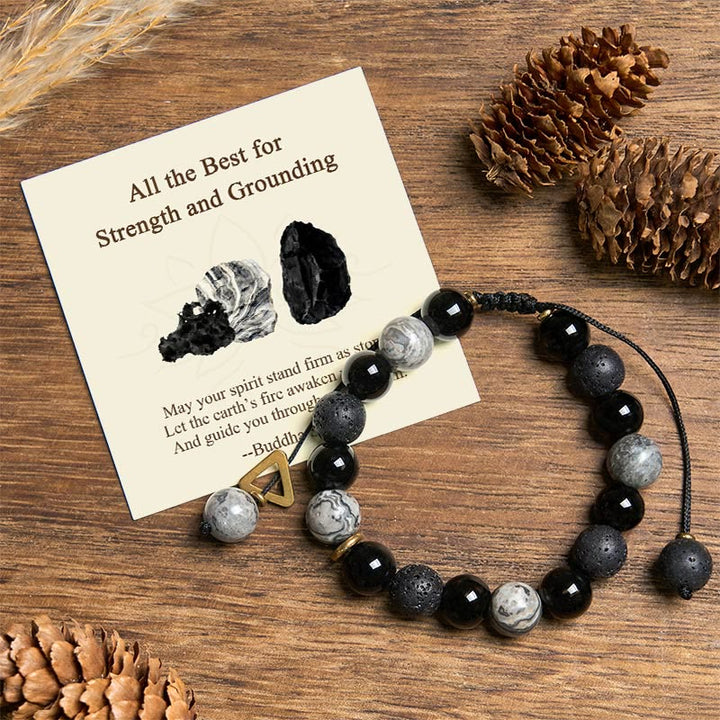 Buddha Stones "All the Best for Strength and Grounding" Obsidian Bracelet Includes Gift Message Card - Black Obsidian&Lava Rock - Standard Gift Box - image 0