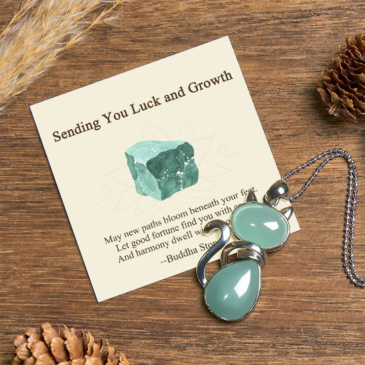 Buddha Stones "Sending You Luck and Growth" Cat Green Aventurine Necklace Includes Gift Message Card - Green Aventurine - Standard Gift Box - image 0