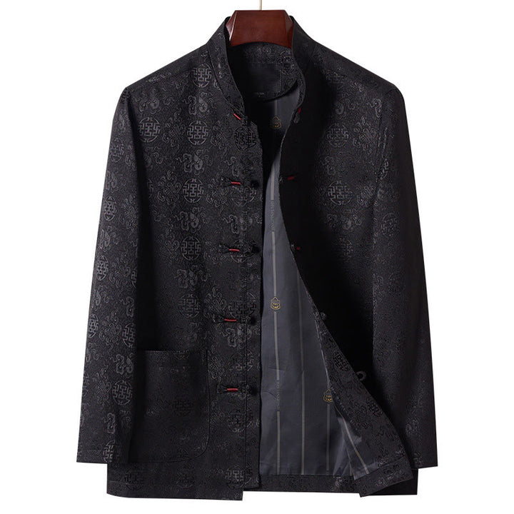 Buddha Stones Embroidery Pattern Stand Collar Long Sleeve Men's Tang Suit Jacket With Pockets - Black - US/UK/AU44，EU54 (4XL) - image 11