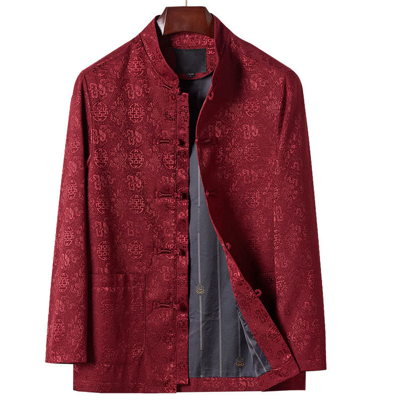 Buddha Stones Embroidery Pattern Stand Collar Long Sleeve Men's Tang Suit Jacket With Pockets - DarkRed - US/UK/AU44，EU54 (4XL) - image 1