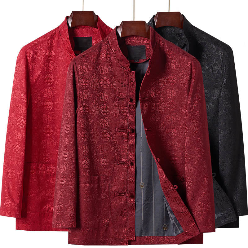 Buddha Stones Embroidery Pattern Stand Collar Long Sleeve Men's Tang Suit Jacket With Pockets - image 13