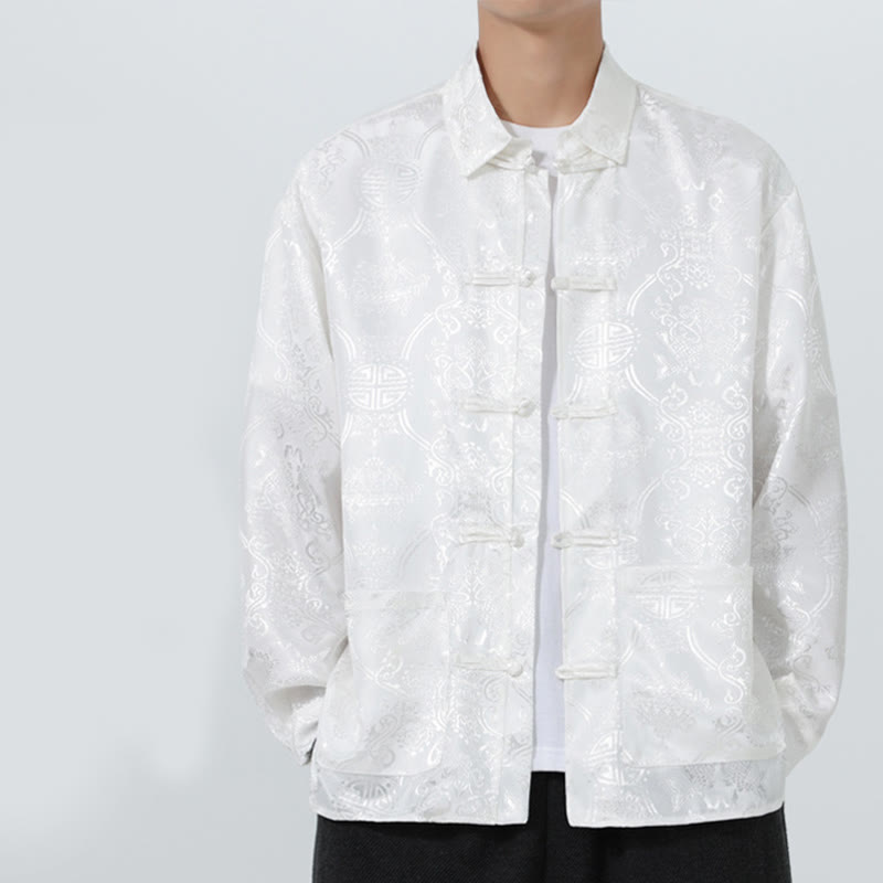 Buddha Stones Spring Jacquard Lapel Long Sleeve Men's Tang Suit Frog-Button Jacket With Pockets - Snow - US/UK/AU46，EU56 (5XL) - image 19