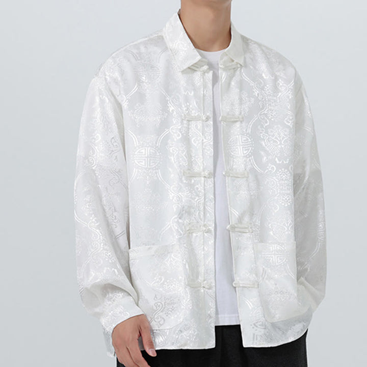 Buddha Stones Spring Jacquard Lapel Long Sleeve Men's Tang Suit Frog-Button Jacket With Pockets - image 26