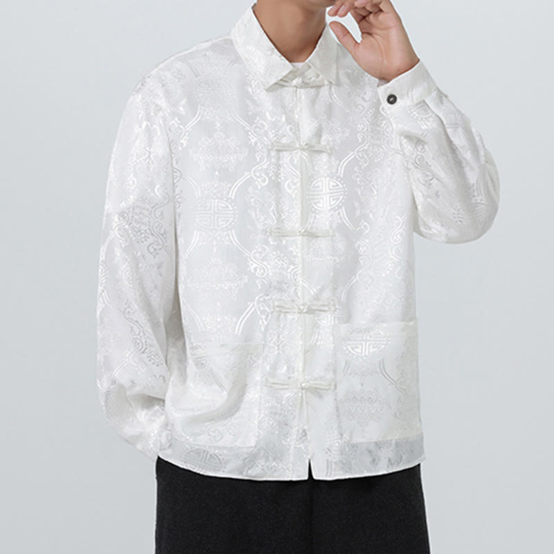 Buddha Stones Spring Jacquard Lapel Long Sleeve Men's Tang Suit Frog-Button Jacket With Pockets - image 25