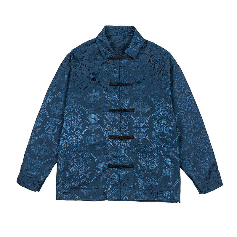 Buddha Stones Spring Jacquard Lapel Long Sleeve Men's Tang Suit Frog-Button Jacket With Pockets - image 9