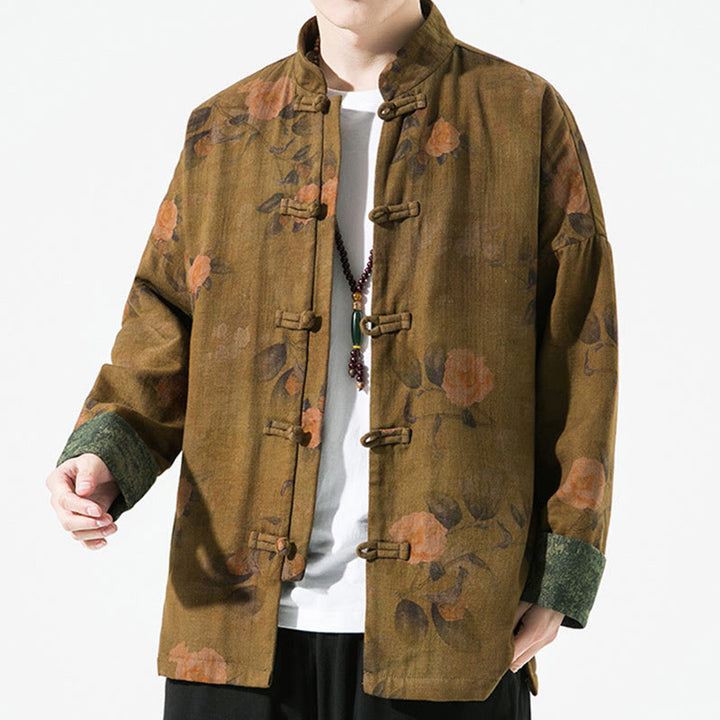 Buddha Stones Spring Printed Floral Pattern Men's Chinese Frog-button Long Sleeve Cotton Jacket - image 12