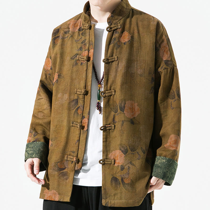 Buddha Stones Spring Printed Floral Pattern Men's Chinese Frog-button Long Sleeve Cotton Jacket - image 13