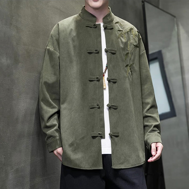 Buddha Stones Spring Chinese Embroiderd Bamboo Men's Frog-button Long Sleeve Cotton Corduroy Jacket - image 4