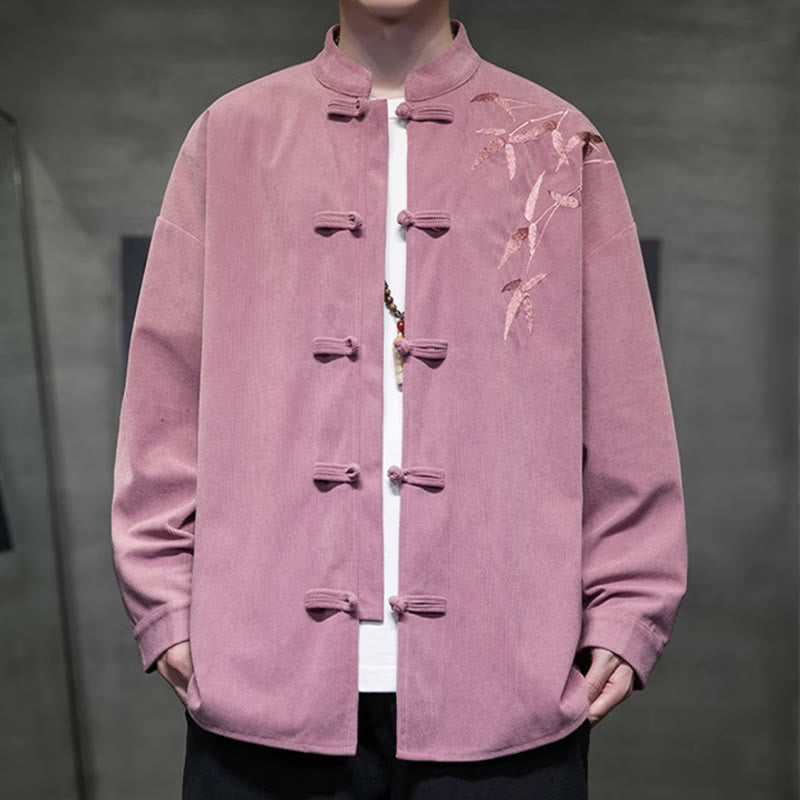 Buddha Stones Spring Chinese Embroiderd Bamboo Men's Frog-button Long Sleeve Cotton Corduroy Jacket - image 19