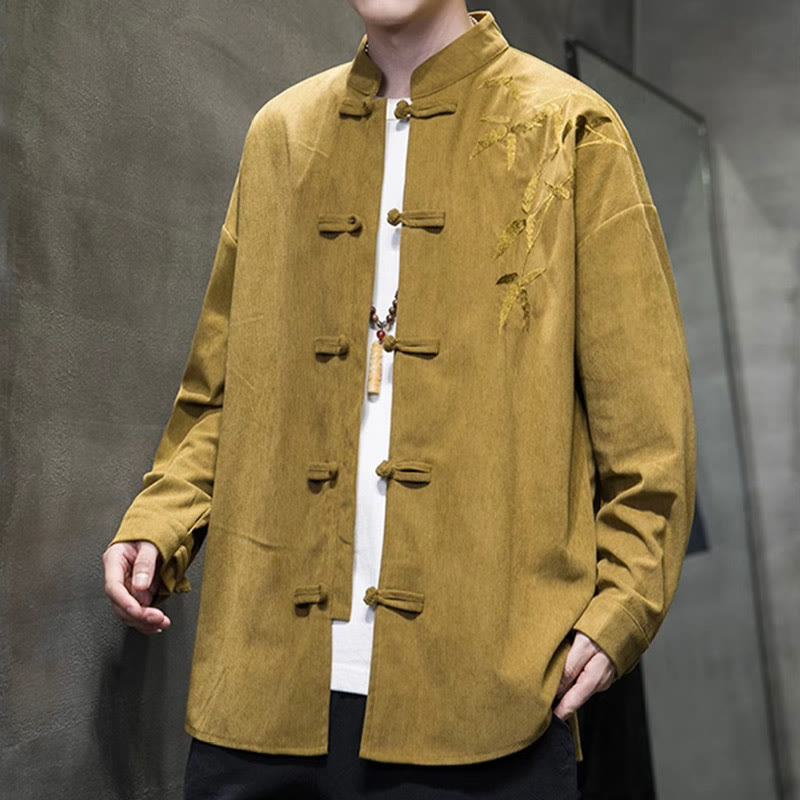 Buddha Stones Spring Chinese Embroiderd Bamboo Men's Frog-button Long Sleeve Cotton Corduroy Jacket - image 12