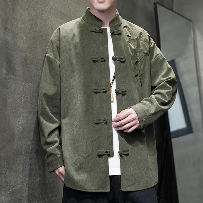 Buddha Stones Spring Chinese Embroiderd Bamboo Men's Frog-button Long Sleeve Cotton Corduroy Jacket - image 5