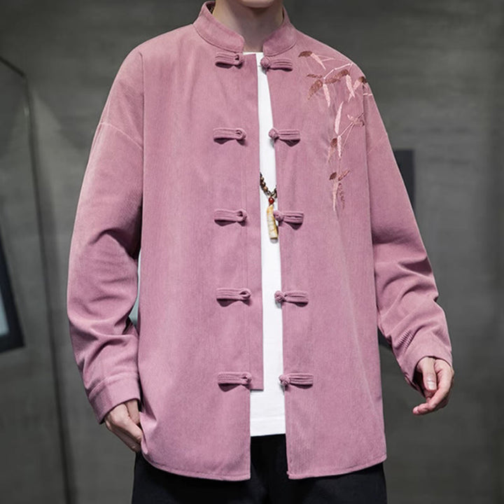 Buddha Stones Spring Chinese Embroiderd Bamboo Men's Frog-button Long Sleeve Cotton Corduroy Jacket - image 20