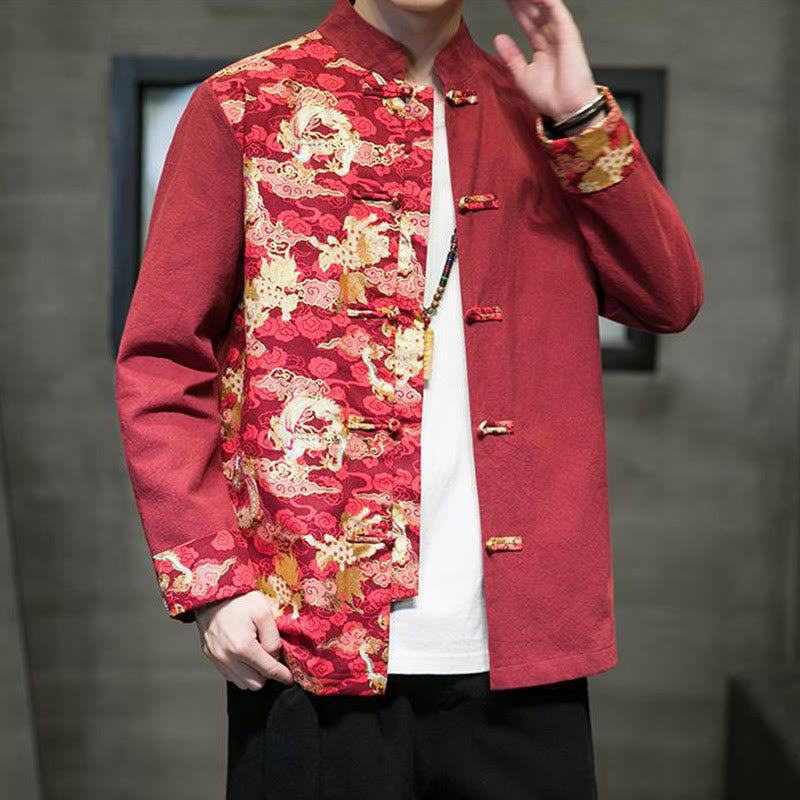 Buddha Stones Printed Color Contrast Dragon Pattern Frog-button Long Sleeve Men's Cotton Jacket - image 5