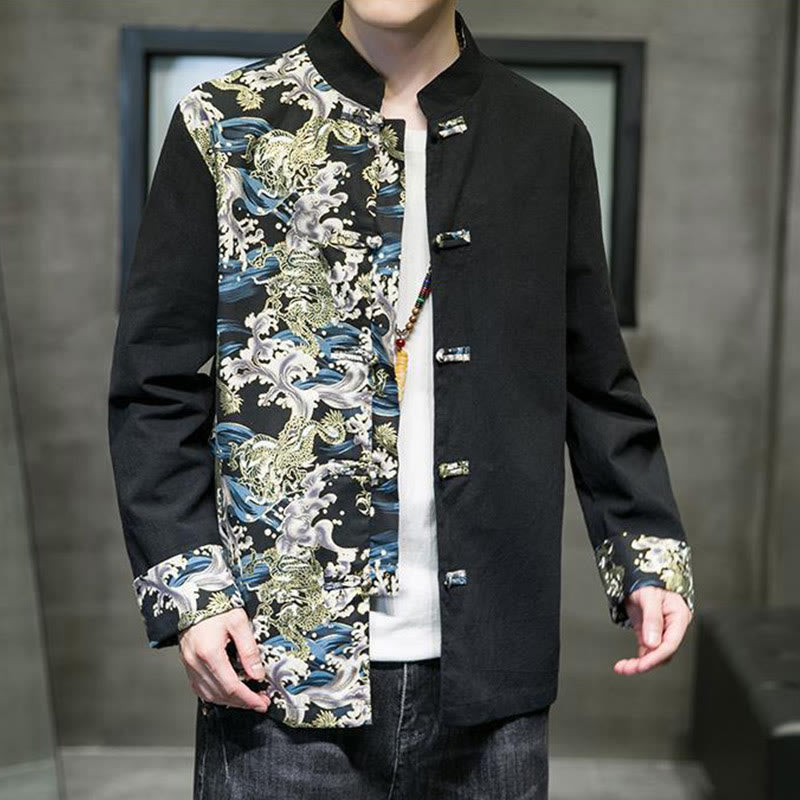 Buddha Stones Printed Color Contrast Dragon Pattern Frog-button Long Sleeve Men's Cotton Jacket - image 13