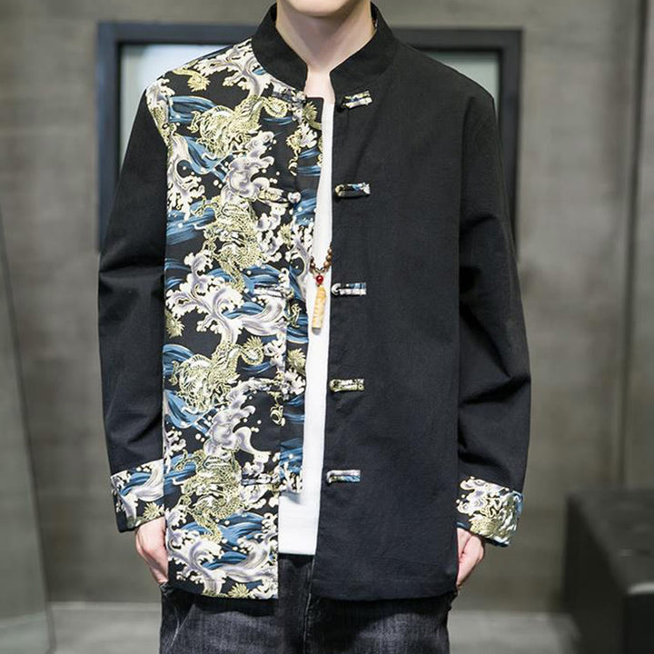 Buddha Stones Printed Color Contrast Dragon Pattern Frog-button Long Sleeve Men's Cotton Jacket - image 11