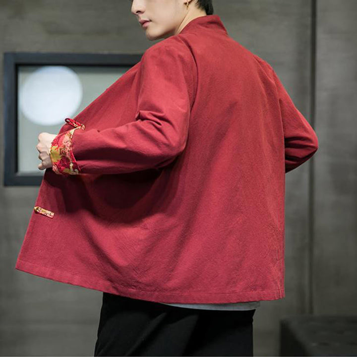 Buddha Stones Printed Color Contrast Dragon Pattern Frog-button Long Sleeve Men's Cotton Jacket - image 6