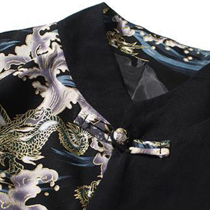 Buddha Stones Printed Color Contrast Dragon Pattern Frog-button Long Sleeve Men's Cotton Jacket - image 17